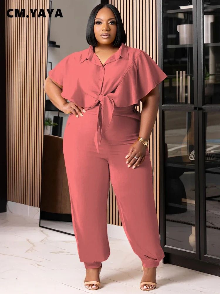 CM.YAYA Elegant Plus Size Loose Women's Set Tie Crop Ruffles Top pencil Pants Suits Streetwear Tracksuit Two 2 Piece Set 260916