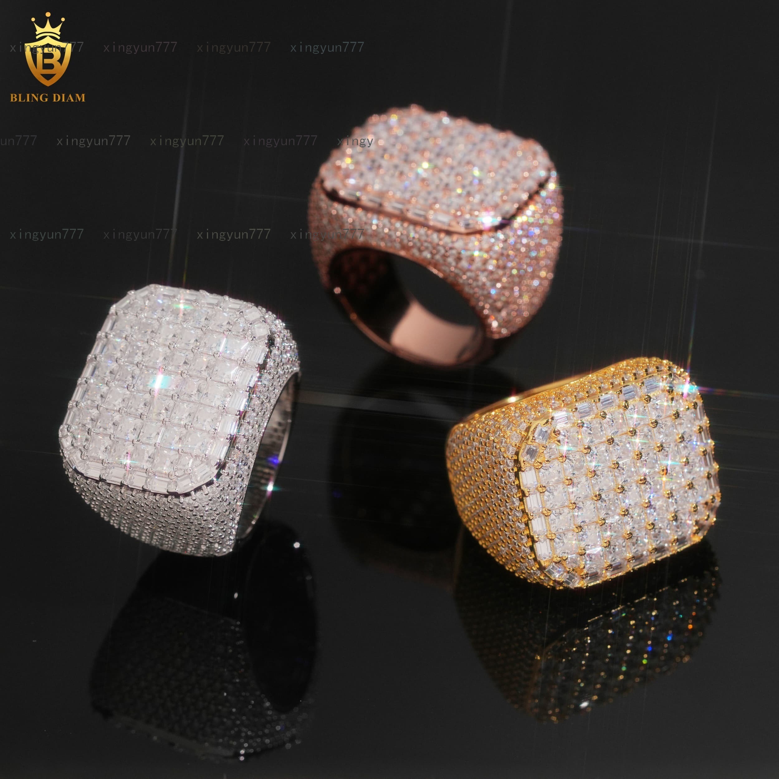 Cool Rapper Men Rings Rectangle Sharped Hip Hop Jewelry 925 Sterling Silver and Gold Ice Out Vvs Moissanite Square