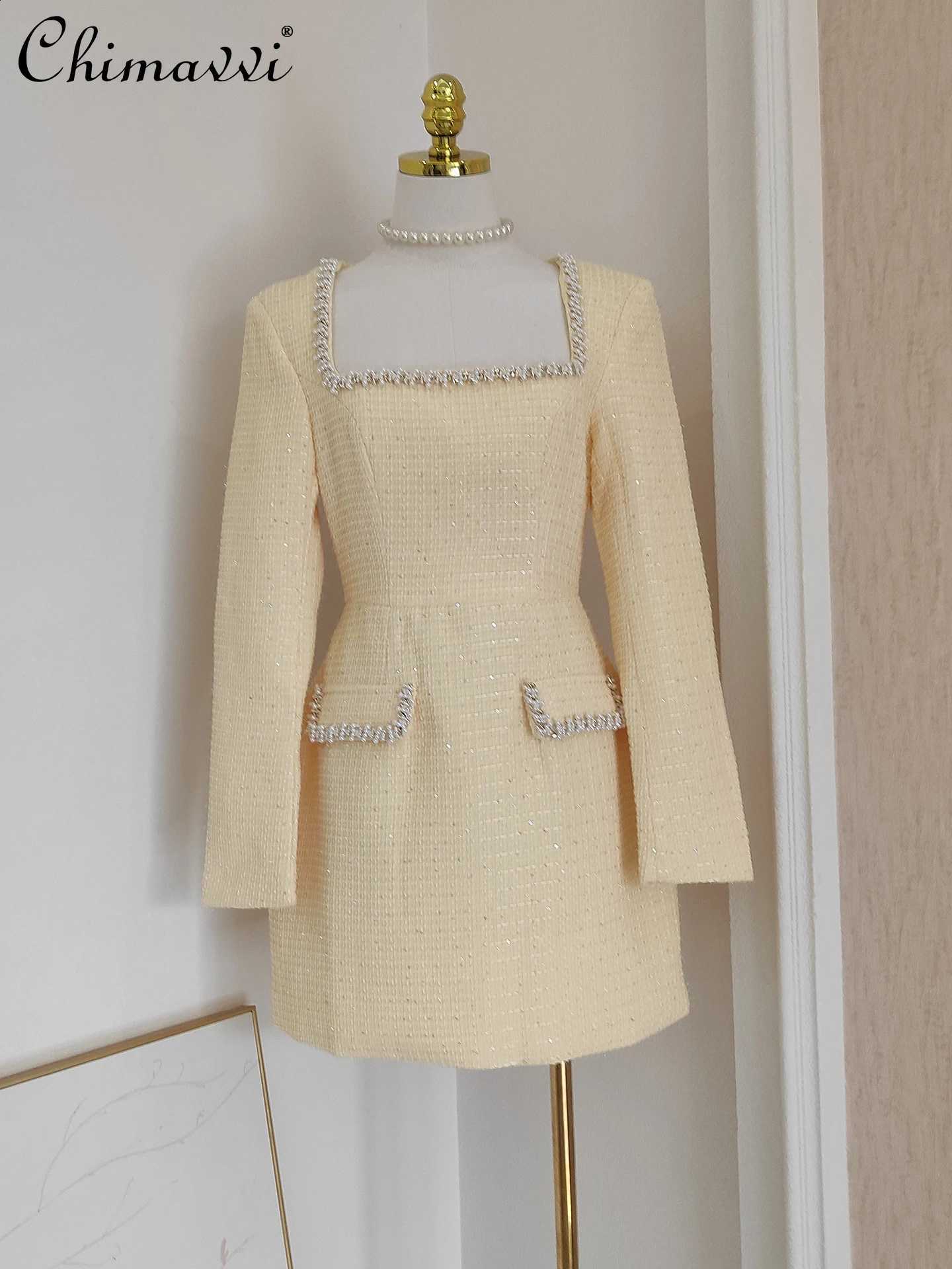Elegant French Style Socialite Party Dresses Beaded Sequin Square Neck Long Sleeve High Waist Tweed Short Dress for Women Winter C260917