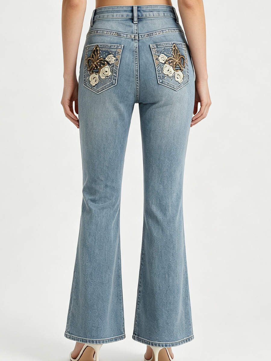 Cross-border best-selling heavy-duty floral butterfly embroidered flared jeans with slightly wider leg and a light wash finish, elastic long pants 5
