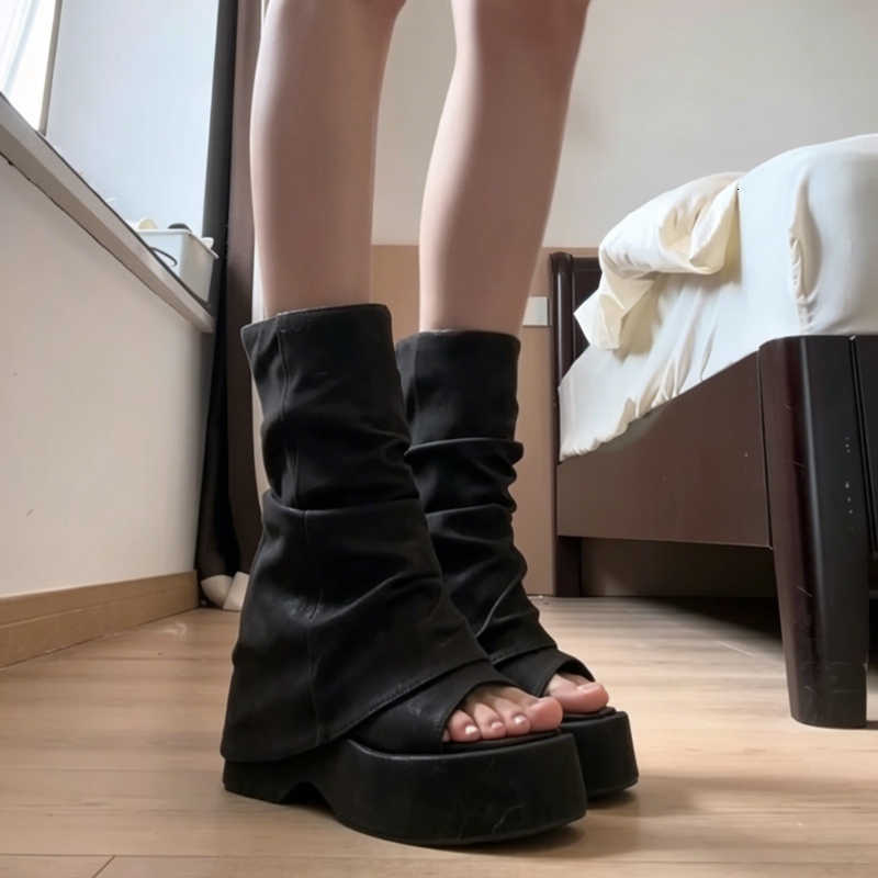 Gothic Punk Cool Summer Sandal Boots Trendy Streetwear Height Increase Shoes Platform Thick Sole Open Toe Mid Calf Boots D260917