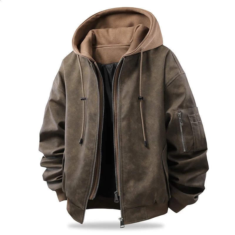 American Retro Two Piece Leather Jacket Men Hooded Faux Coat Loose Bomber Jackets Man Daily Windproof Outwear 260916
