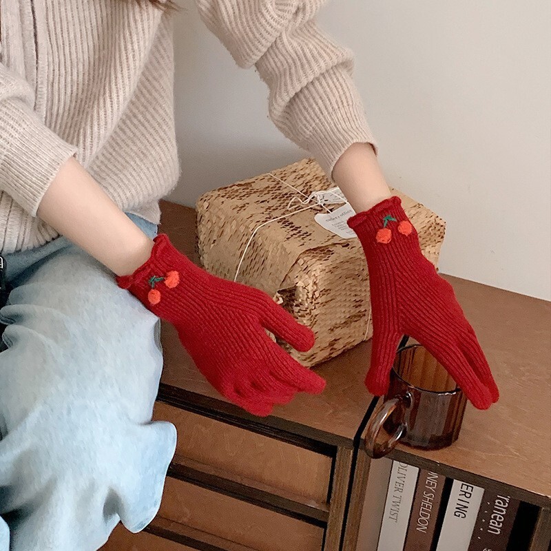 Ins Style High-Value Little Cherry Ruffled for Women Winter Warm Knitted Touchscreen Finger Gloves