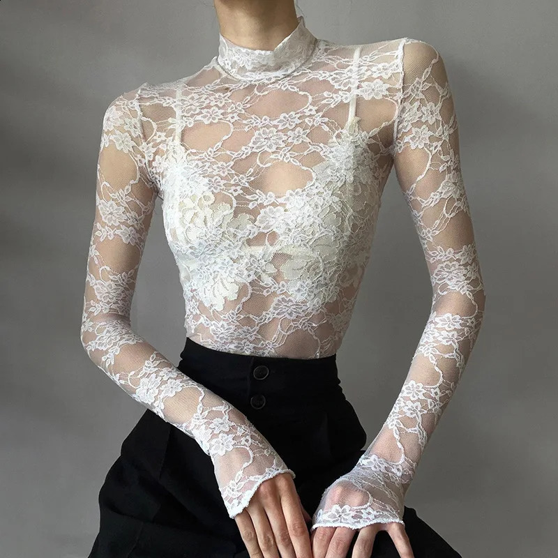 Sexy Lace Blouse Shirts Summer Women Turtleneck Long Sleeve See Through Patchwork Thin Tops XXNWQNWMCT01609 260917