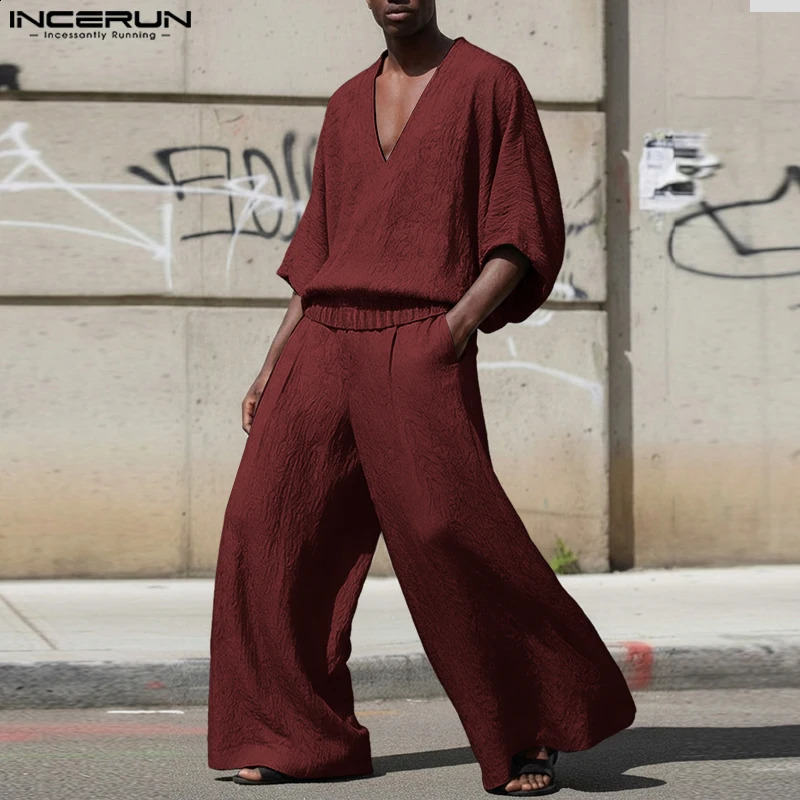 INCERUN Men Sets Solid Color Loose V Neck 34 Sleeve T Shirt Wide Leg Pants Two Pieces Streetwear 2026 Fashion Suits 260917