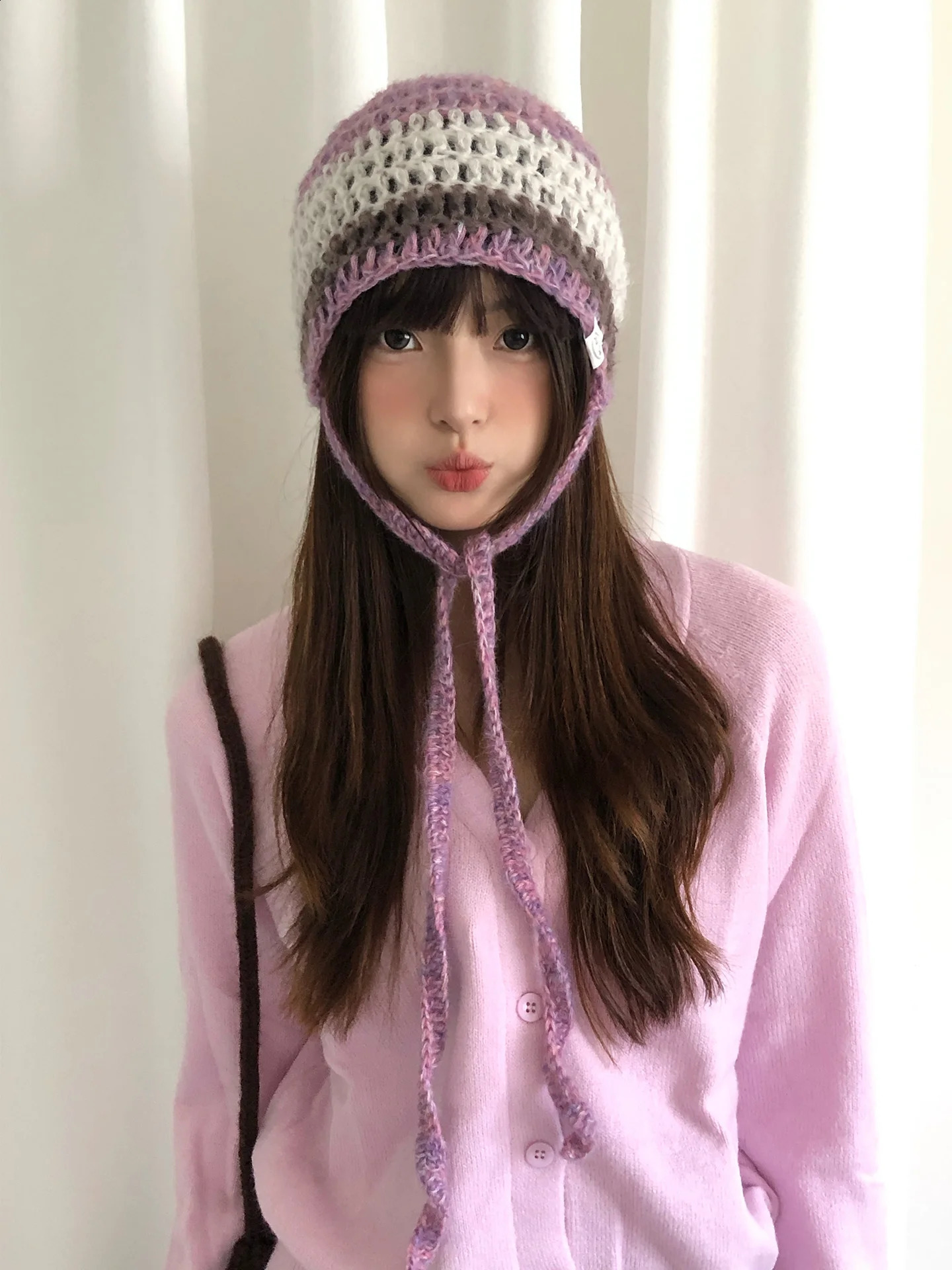 Purple Striped Woolen Beanie Cap With A Feminine Aura For Women Spring And Autumn Sweet And Slimming Knit Cold Weather 260917