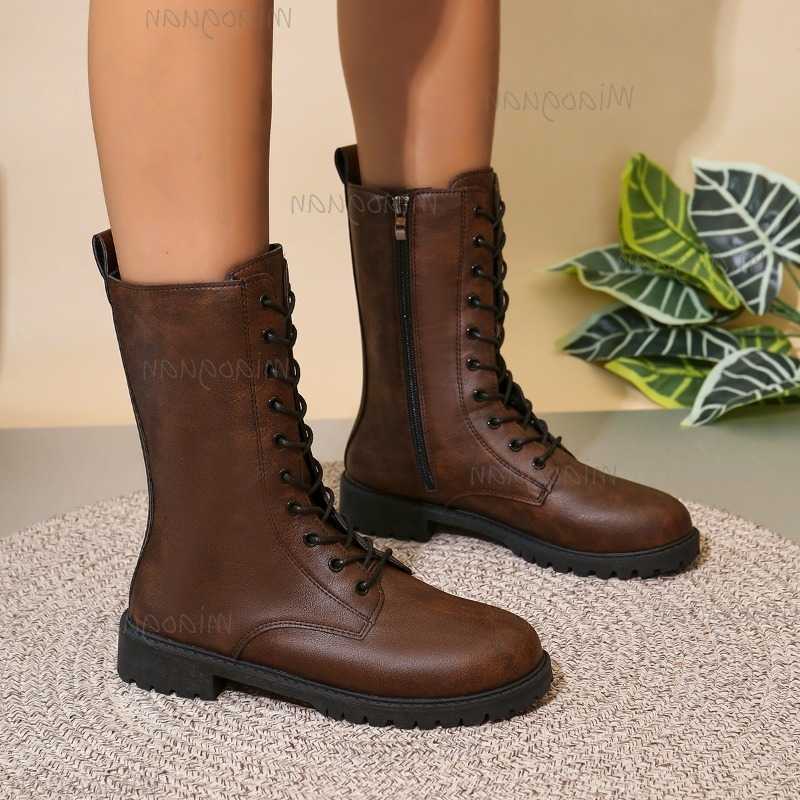 Pu Leather Lace-up fa1 Brown Mid-Calf Boots for Women Spring Autumn Anti-slip Side Zipper Western Short Boots Women's Shoes D260917