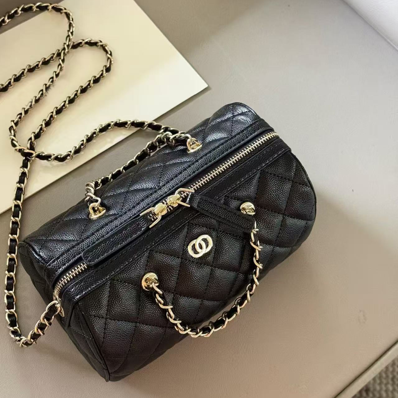 Women Luxury Quilted Caviar Leather Cylinder Handbag, Black Gold Hardware Zipper Cosmetic Bag, Fashion Chain Shoulder Crossbody Purse with Dust Bag