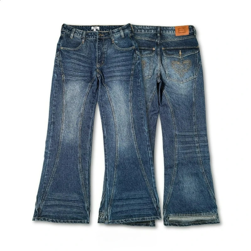 Y2K Retro Blue Flare Jeans Unisex Washed Denim Pants Embroidered Back Pocket Streetwear Wide Leg Bootcut 260915