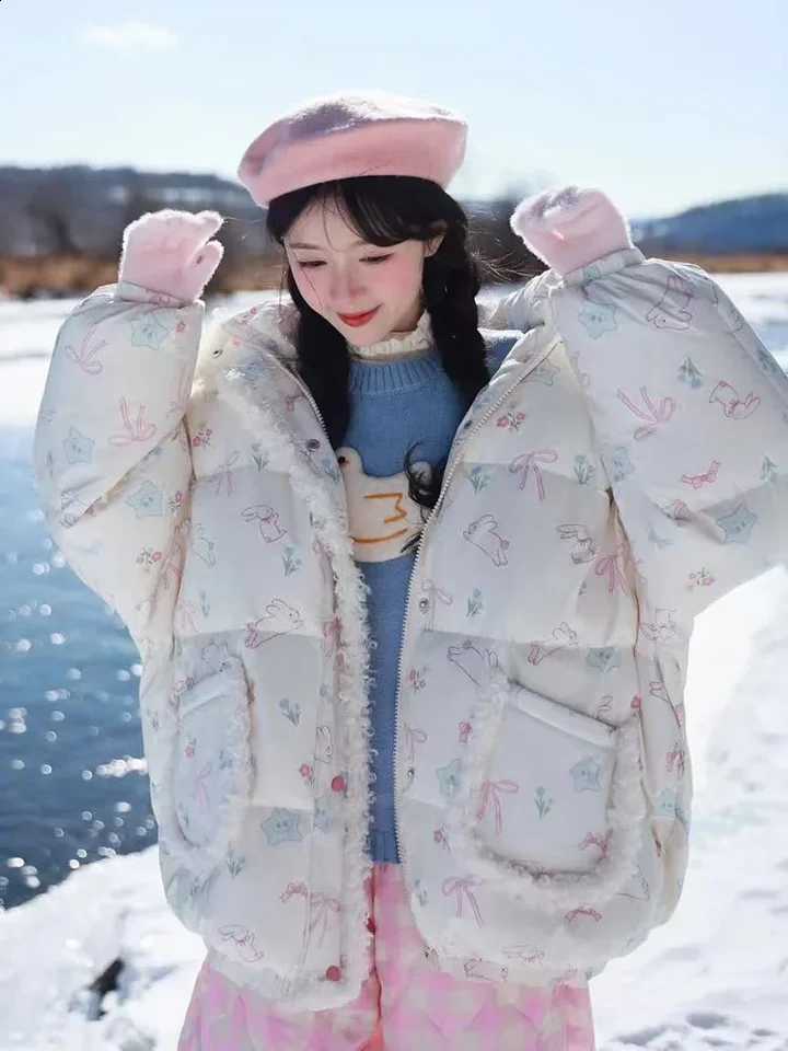 Japan Cartoon Kawaii Hooded Parkas Women Loose Sweet Preppy Style Chic Puffy Coat Winter Warm Female Long Sleeve Cute Jacket New H260917