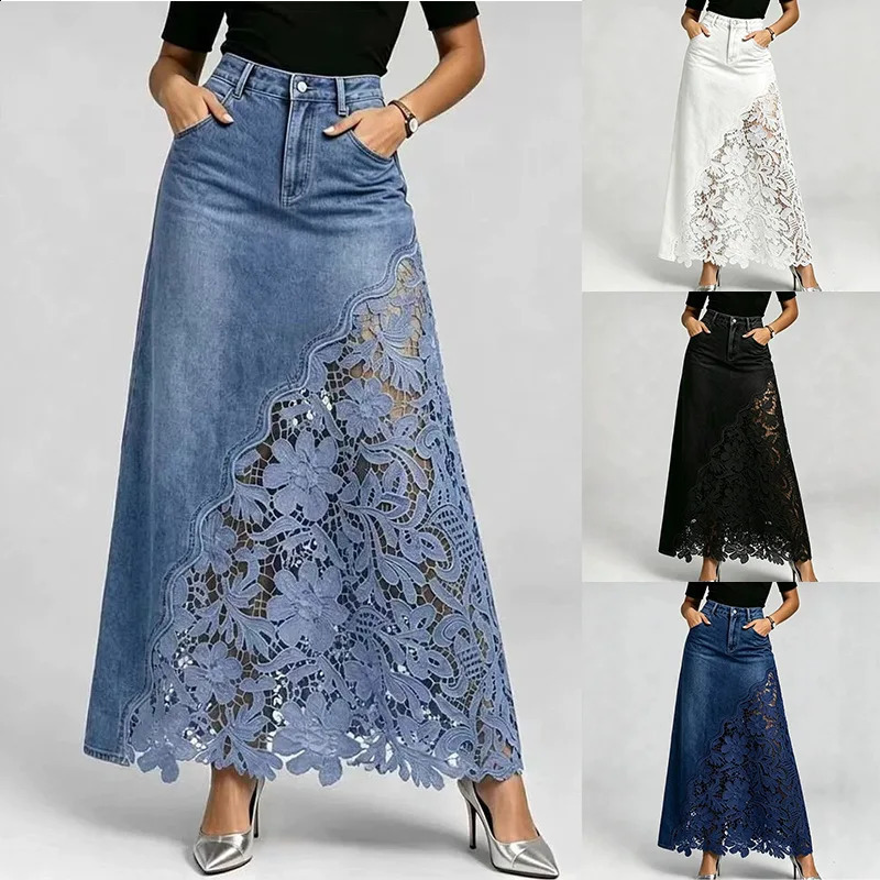 Women Washed Denim Lace Patchwork Long Midi Skirt Elegant Bodycon Pencil Slim Wrap Skirts Fashion Casual Pa 260917