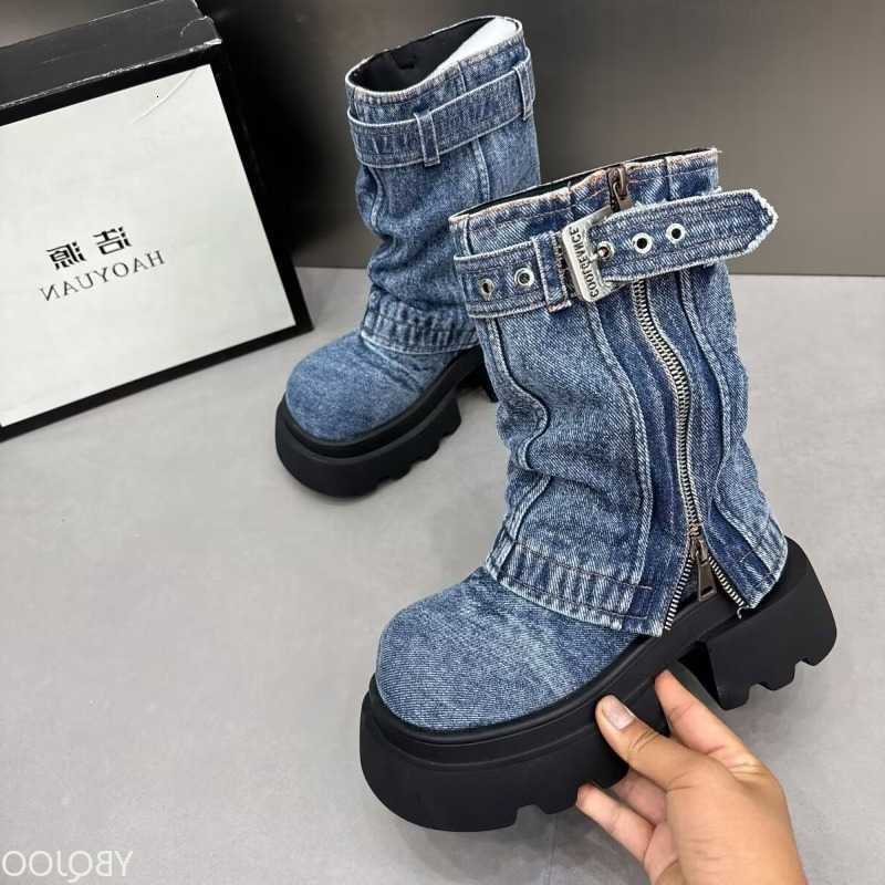 fashion Autumn Spring New and Denim Thick Bottom Tall Women's Short Boots Belt Zipper Fake Two Piece Pants Women's Boots D260917