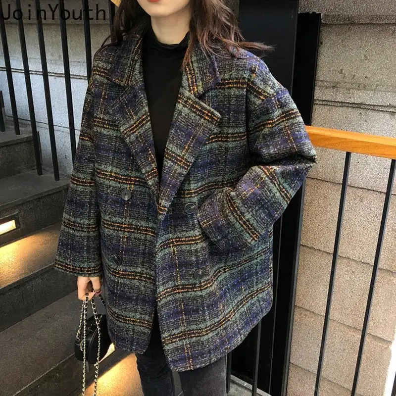 Winter Clothing Fashion Plaid Women's Coat Vintage Thicked Wool Blends Streetwear Casual Coats Tops 2025 Abrigos Para Mujer 260917