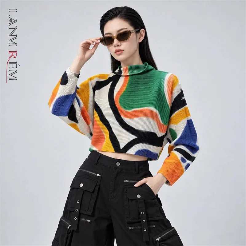 LANMREM Women Abstract Geometric Print High Neck Cropped Pleated T-shirt Colorful Art Graphic Loose Long Slve Pullover Top S260917VJDH