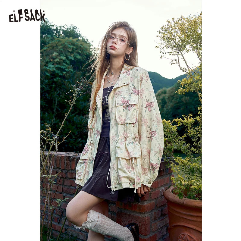 ELFSACK Women's Floral Print Trench Coat with Drawstring Waist Flap Pockets Casual Stand Collar Outerwear for Daily Outdoor 260917