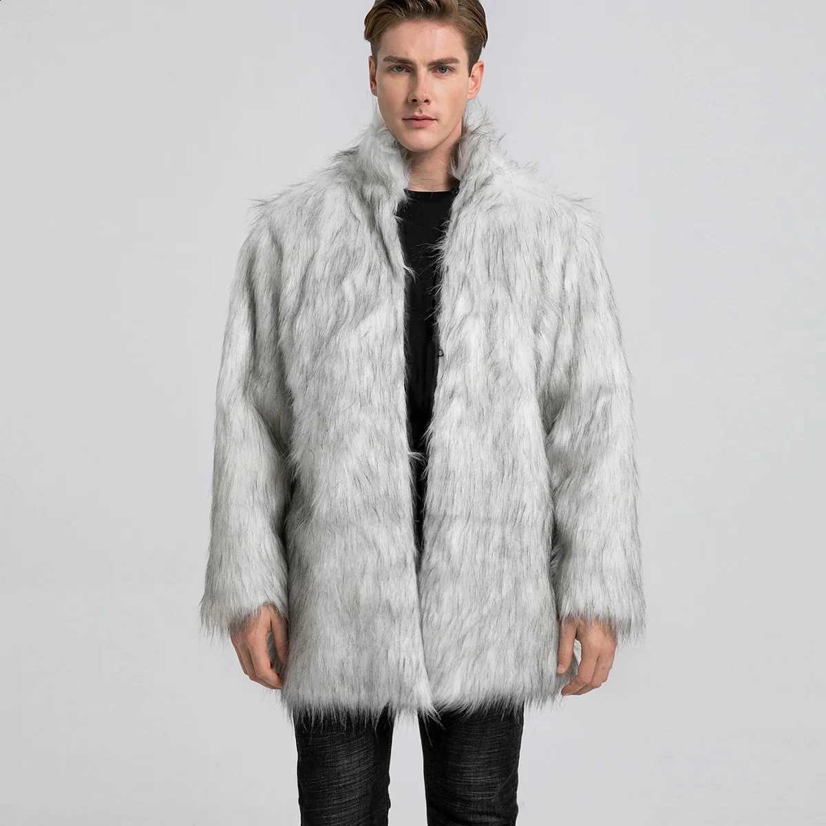 Faux Fur Jacket Coat Men Winter Thick Fluffy Long Sleeve Stand Collar Warm Shaggy Outerwear Fur Bontjas Jackets Mens W260915