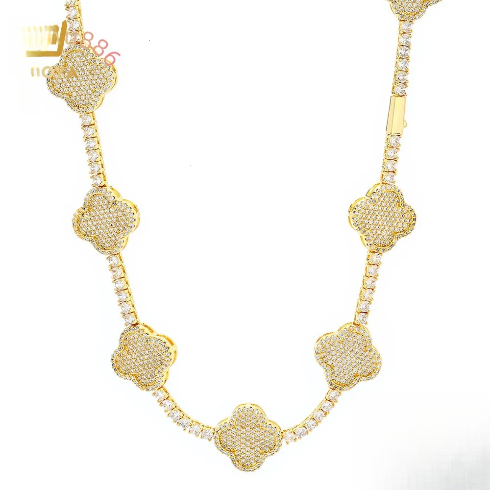 Hip Hop Fine Jewelry Four-Leaf Clover Tennis Necklace Women 18K Gold Plated Moissanite Iced Out Bling Diamond Chain