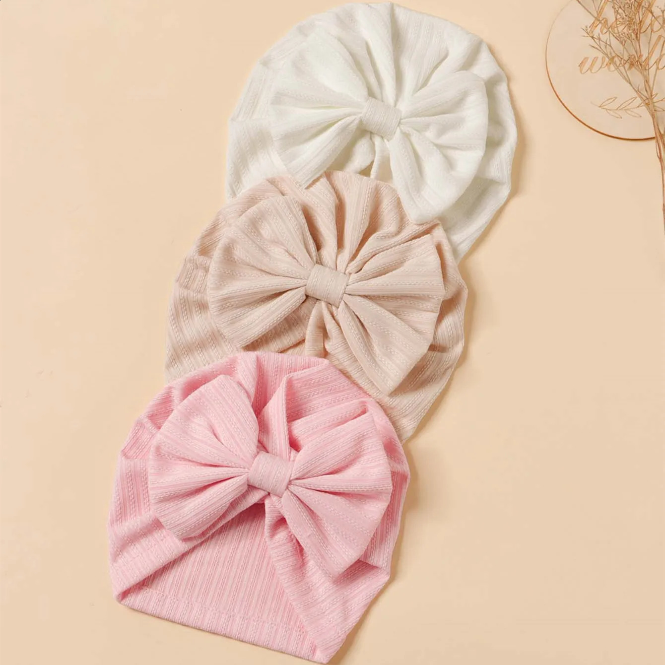 3PcLot Cute Bowknot Baby Hat Knitted Solid Color Girls Turban Hat Soft born Head Wraps Infant Cap Babies Accessories Beanies 260916