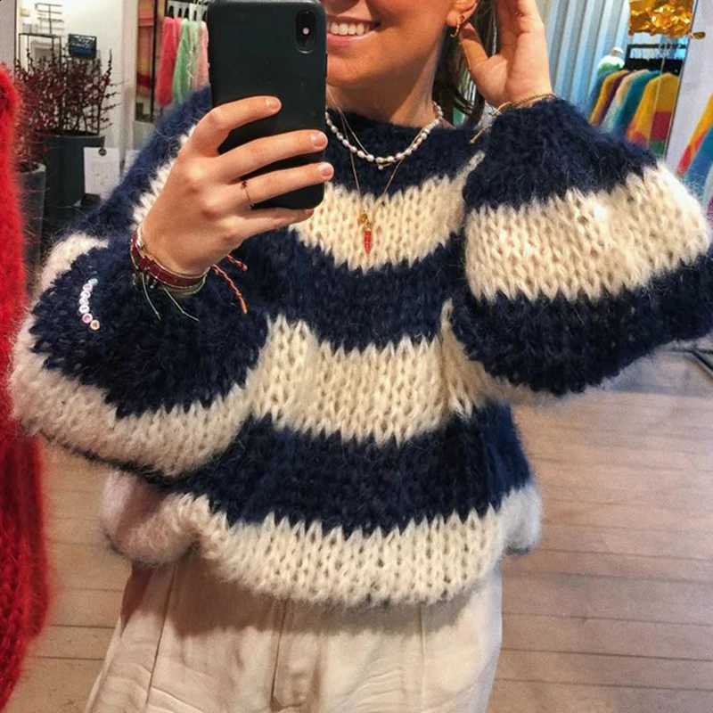Loose Women Autumn Winter Fit Knitwear Jumpers Vintage Striped Fuzzy Knitted Sweater Casual Boat Neck Long Sleeve Pullover Tops J260916