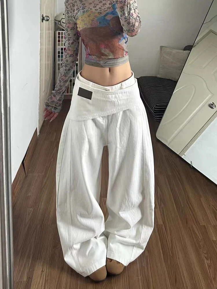 Y2K Summer Loose Wide Leg Floor Denim Pants White Detachable Fart Curtain for Women 260916
