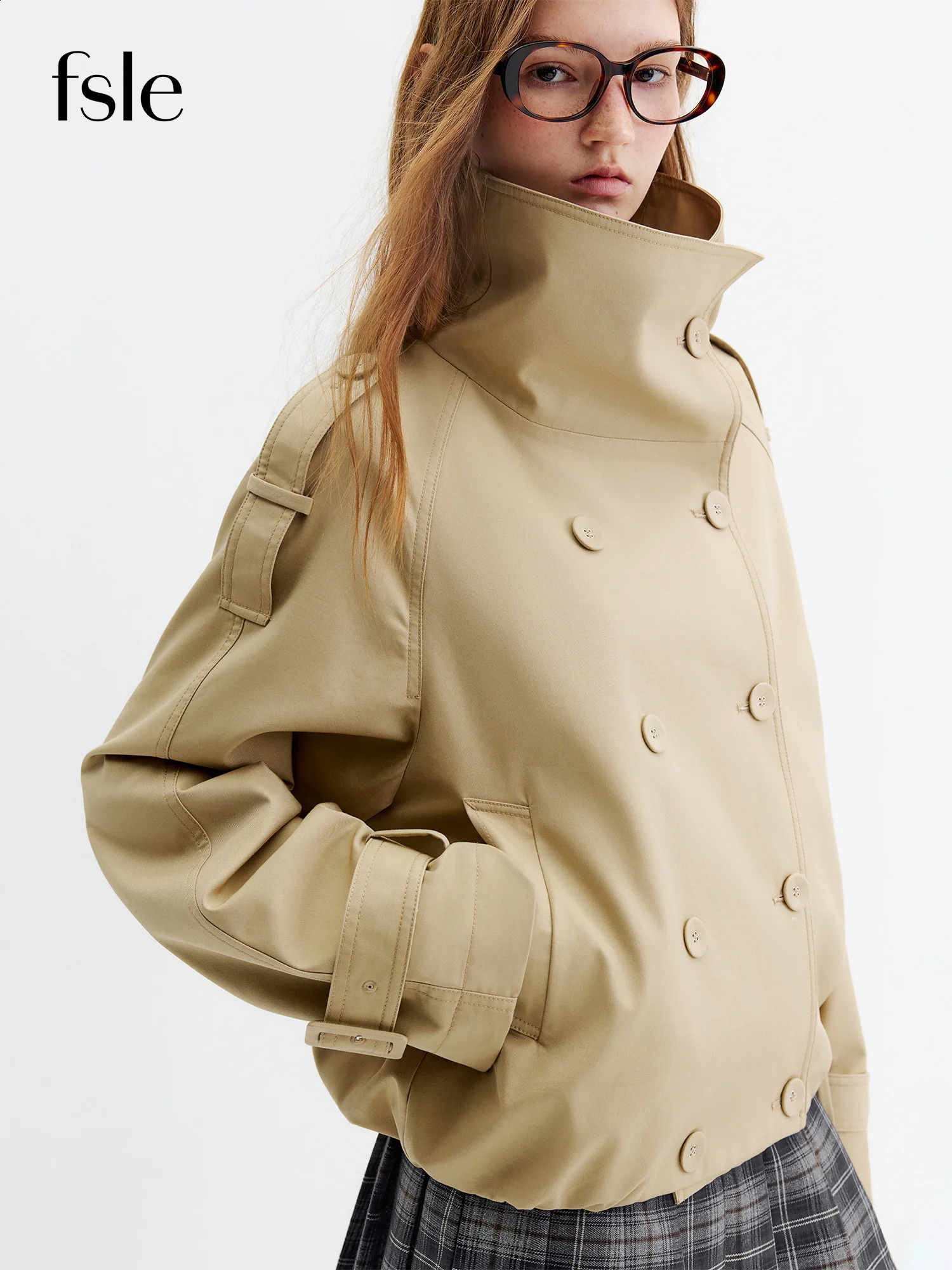 FSLE 2026 Fall DoubleBreasted Cropped Trench Short Coat Retro Khaki Jacket British Heritage Street Style Vintage Beige 260916