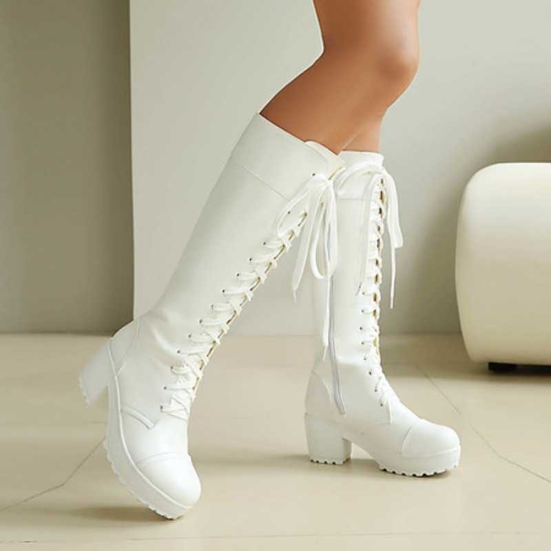 Womens Knee High Lace Up Combat Boots Chunky Platform Goth Boots Plus Size 34-48 D260917