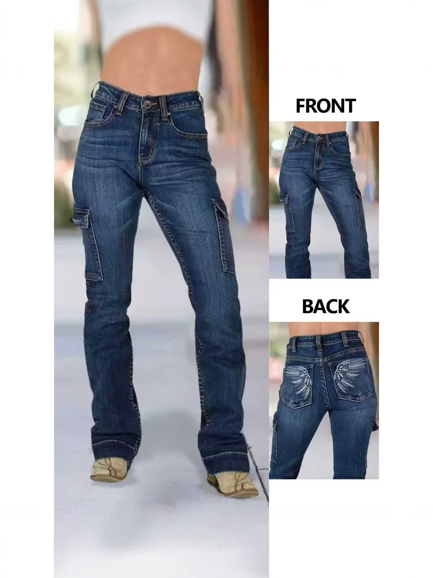 American-style multi-pocket work jeans, featuring intricate wing embroidery on the back pockets, creating a vintage American look for women e3