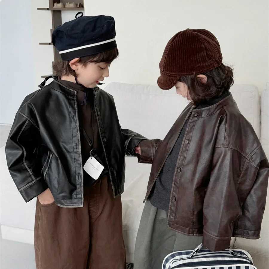 Clothes 4828 Children 2024 Autumn Winter New Boy's Leather Coat Cool Boy's Rubbing Leather Jacket Girl's Motorcycle CoatT260916