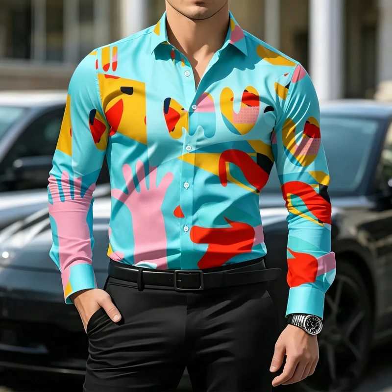 New Men's Long Sved Shirt Trend colorful Abstract Art Graffiti Pattern Printed Slim Fit Top for Daily Street Wear Q260917
