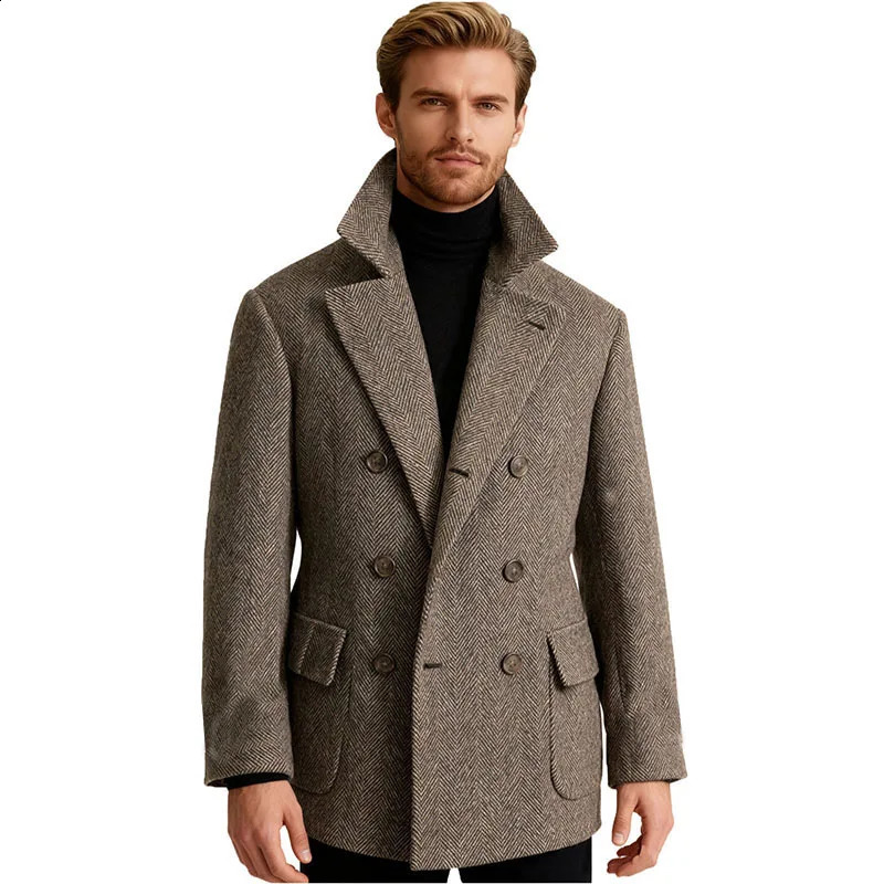 Autumn Man Suit Coat Double Breasted Woolen Herringbone Blazer Fashionable Casual Business Short Jacket 260916
