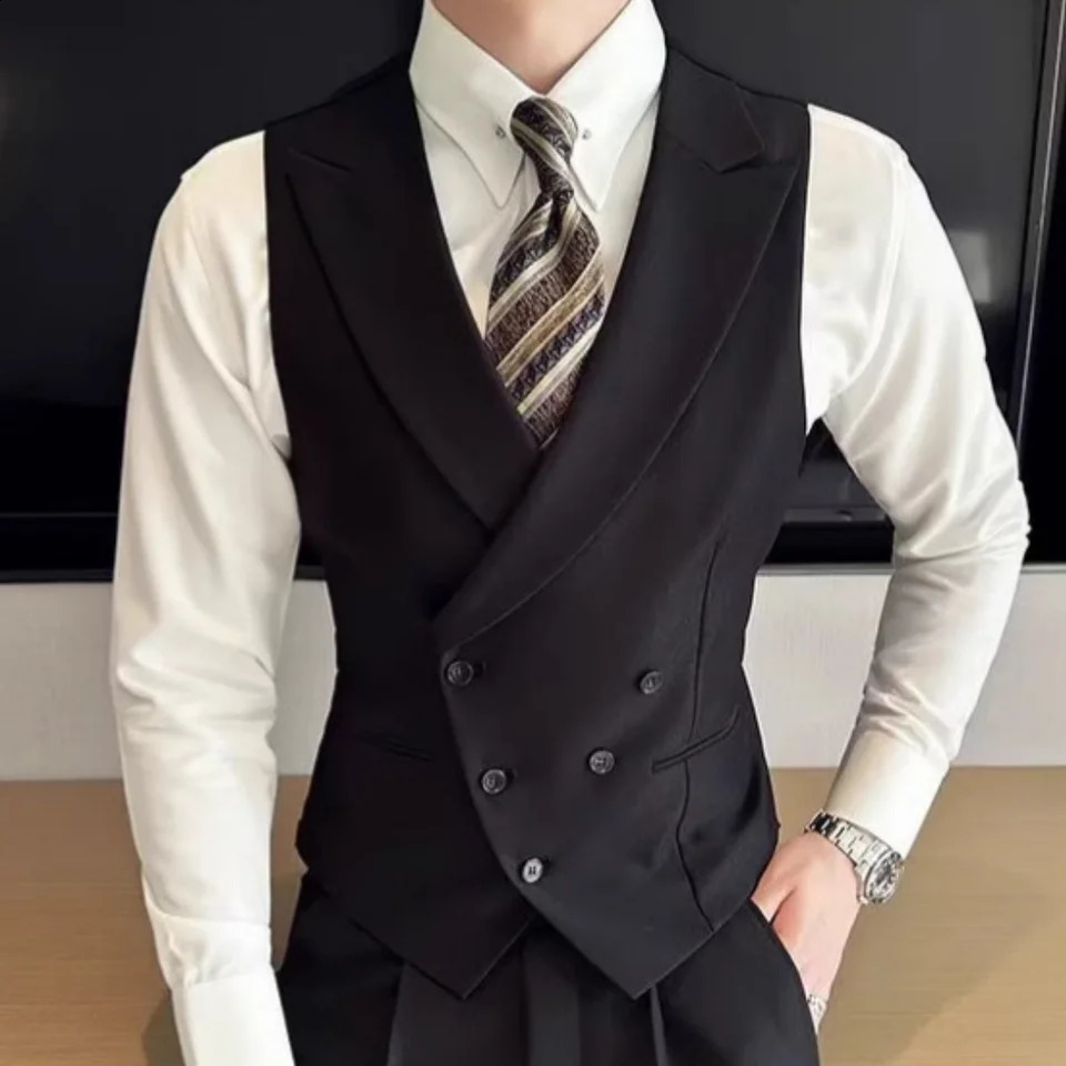 Men Vest Black With Lapel Solid Double Button Waistcoat For Wedding Groom Banquet Business Casual Work Daily Suit 260917
