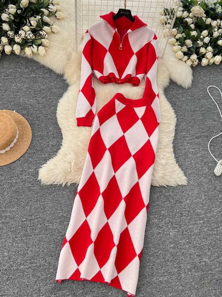 Suits Fashion Warm SINGREINY American Women Lapel Neck Zipper Tops+High Elastic Skinny Skirt Plaid Streetwear Two Pieces SetsW260915