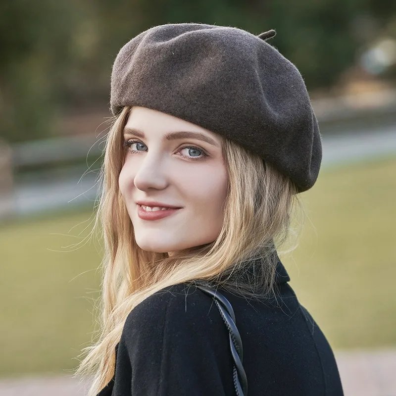 Vintage Winter Wool Beret Hat Solid Color Black Red Casual Style