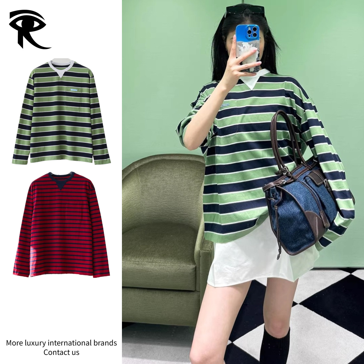 Unisex Retro Contrast Striped Oversized T Shirt with Collar Insert Y2k Street Style Casual Striped Couple Matching Top Designer T-Shirt Wholesale