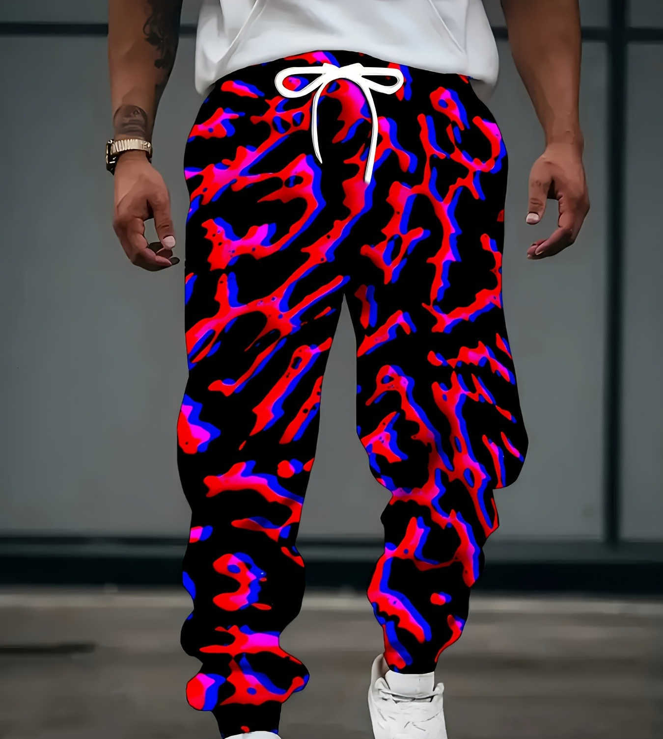 Colored Men's 3D Leopard Print Pattern Sports Pants with Drawstring Fashion Pants Suitable for Home Sleepwear and Casual ComfortT260917