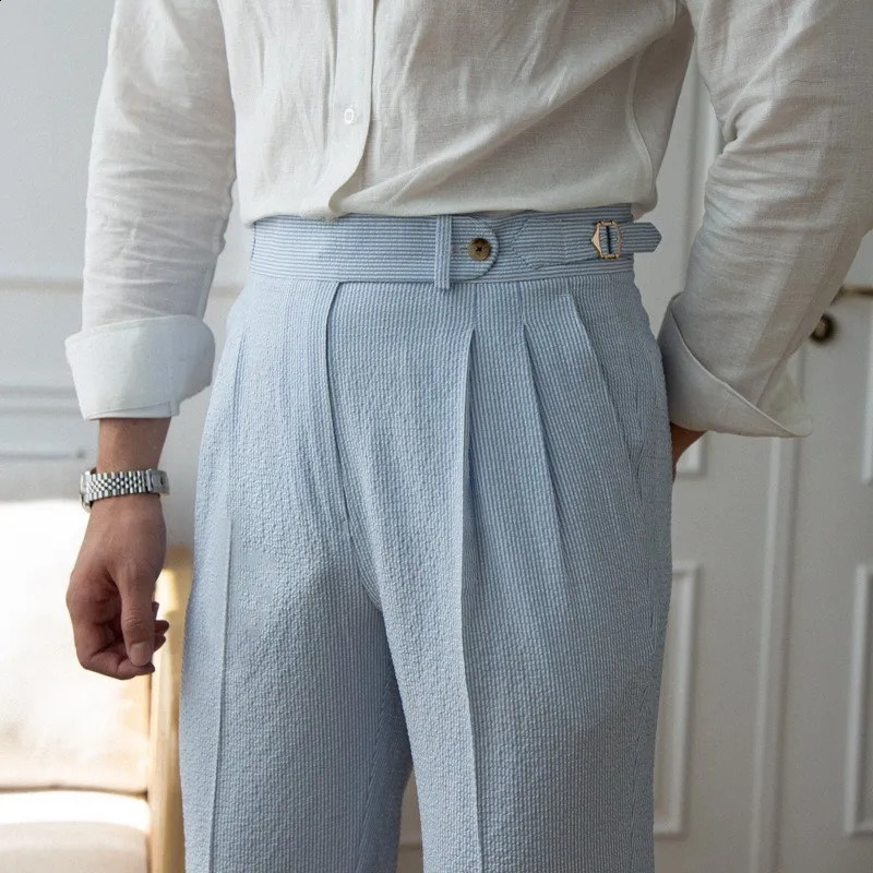 Mens y Naples Slimfit Thin Blue Striped Dress Pants Solid Color British Retro Premium Elegant Leisure High Waist Trousers 260917