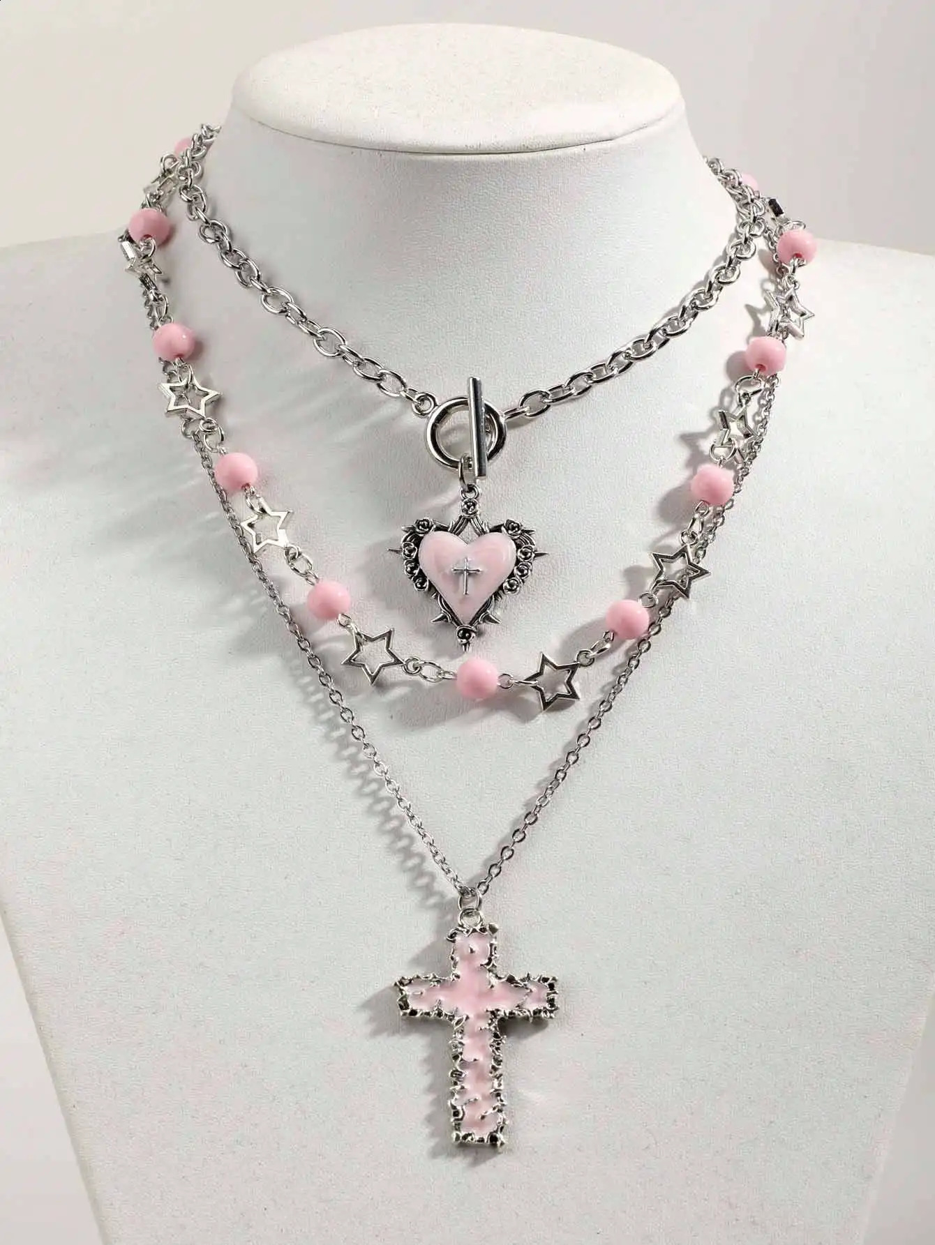 3pcs Vintage Gothic Style Thorn Rose Cross Meteor Star Beaded Layered Necklace Set Including Retro Pentagram Pendant Choker Nec 260916