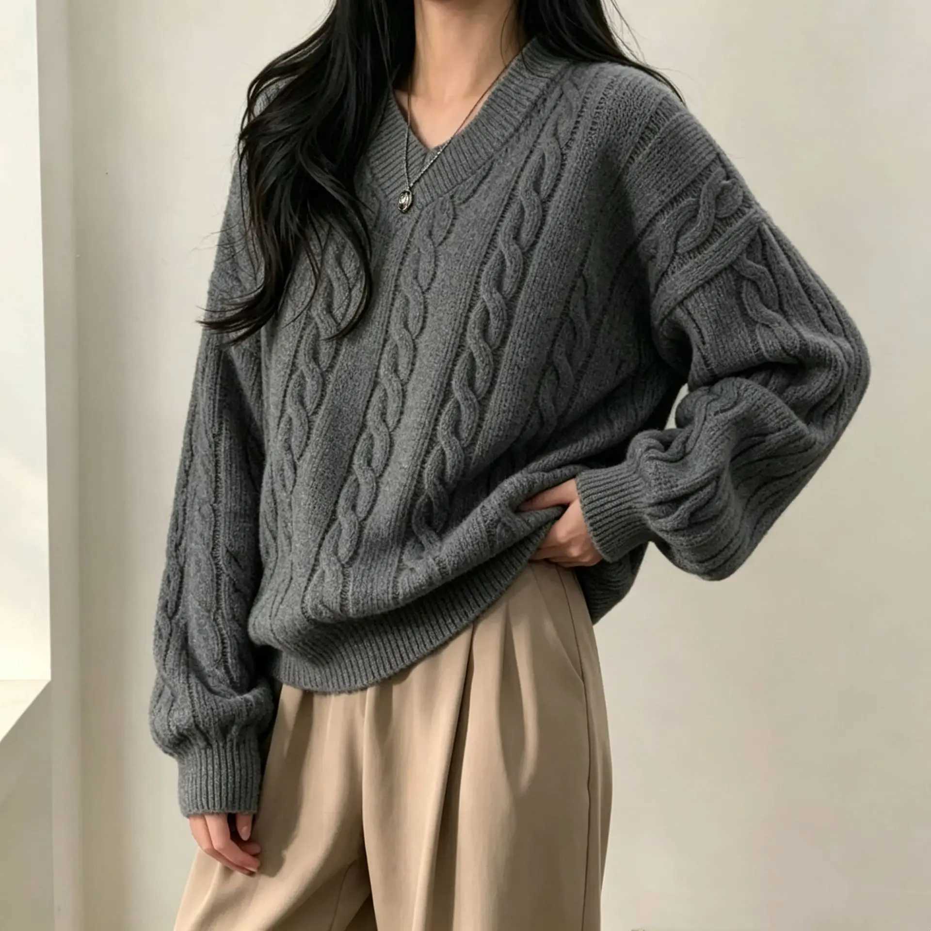 High End Casual Loose Fit Thickened No Pilling Autumn Winter Spring Fashion Top Women's Knitted Sweater V-Neck Pullover S260917WIW5
