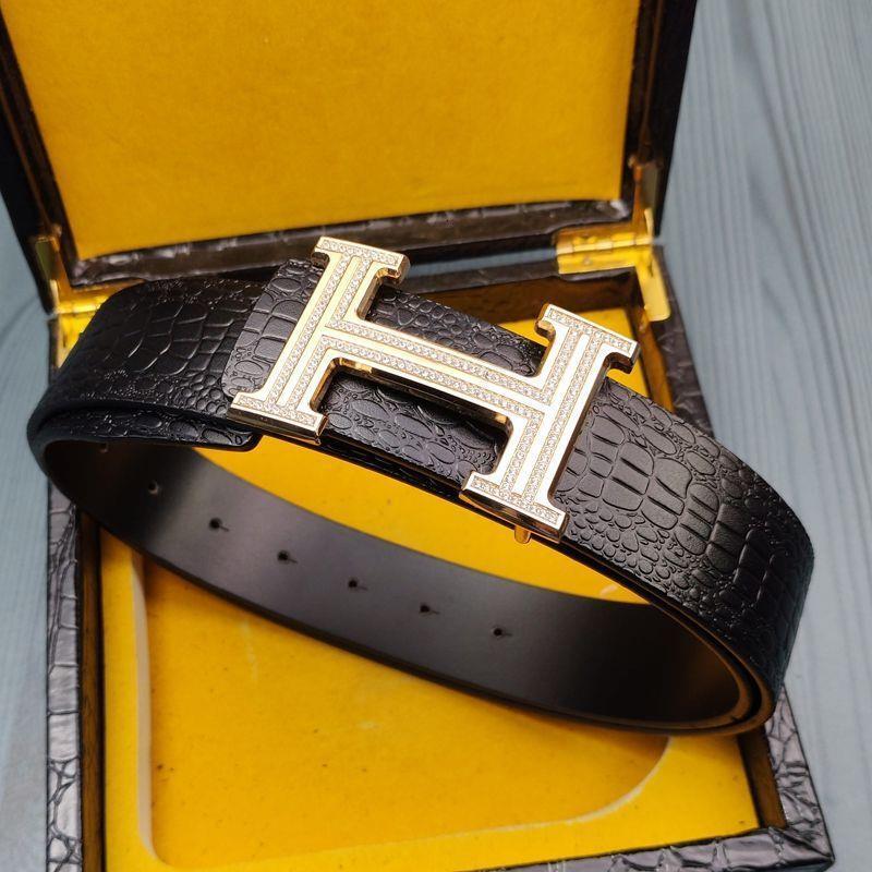 Men's genuine leather belt diamond-studded H buckle, featuring crocodile pattern, in a trendy luxurious style, perfect young men and versatile