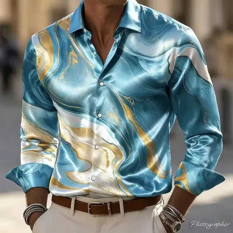 Men's Satin Long Sved Shirt Turquoise Marble Gold Printed Silk Button Party Casual Fashion Top Q260917