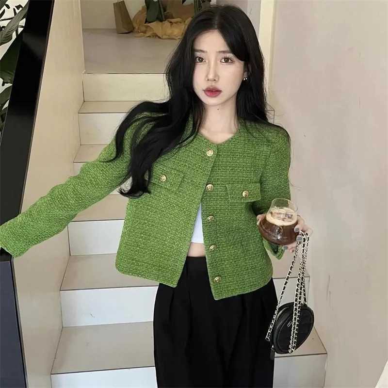 Green Tweed Fashion Jacket Women Short Coats Coarse Woolen Cloth Tops Streetwear Lady O-neck Loose Casual Coats Spring Autumn C260917