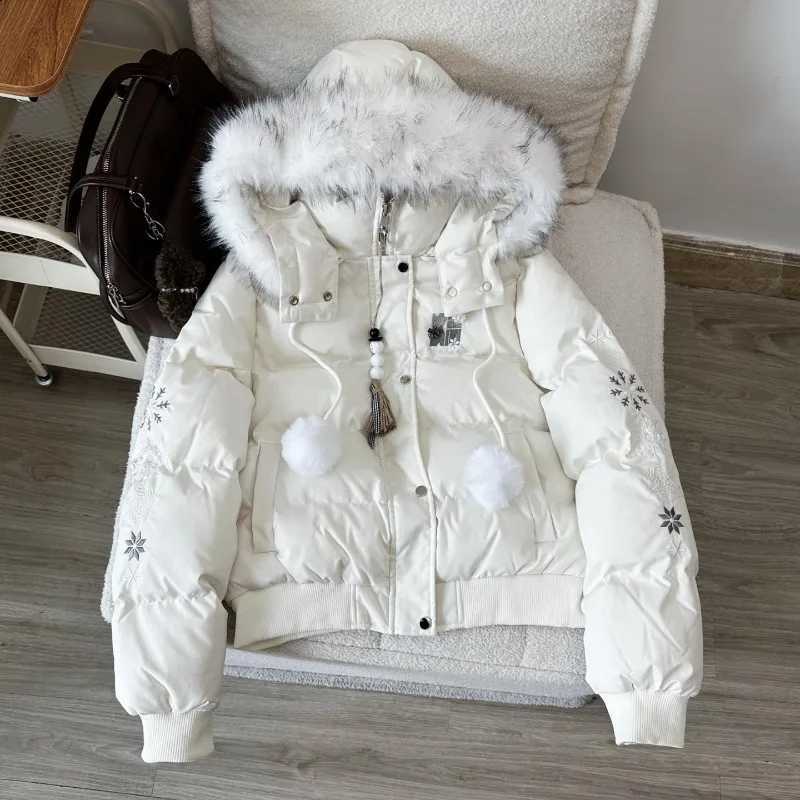 American Vintage Style Hooded Puffer Parka Women Snow Embroidery Faux Fur Trim Pom Decor Thick Warm Winter Streetwear Coat H260917