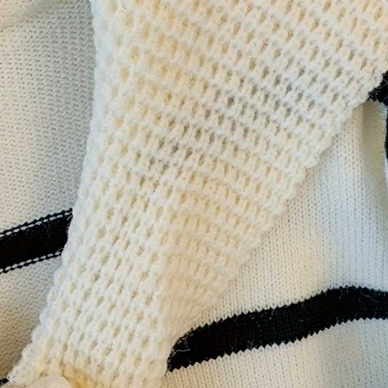 Women White Black Striped Fake Two Piece Knit Pullover Sailor Collar Tie Long Slve Stretch Slim Casual Daily Knit Sweater S260917K058