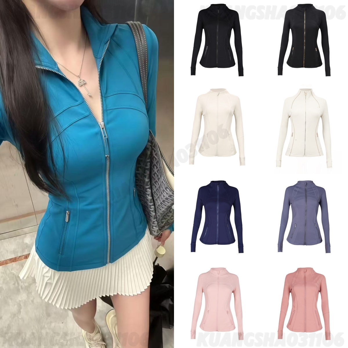 Women Yoga Jacket Cropped Zip Up Long Sleeve Gold Zipper Breathable Quick Dry Stretch Slim Fit Solid Color Nude Jogging Pilates Gym Sportswear Activ