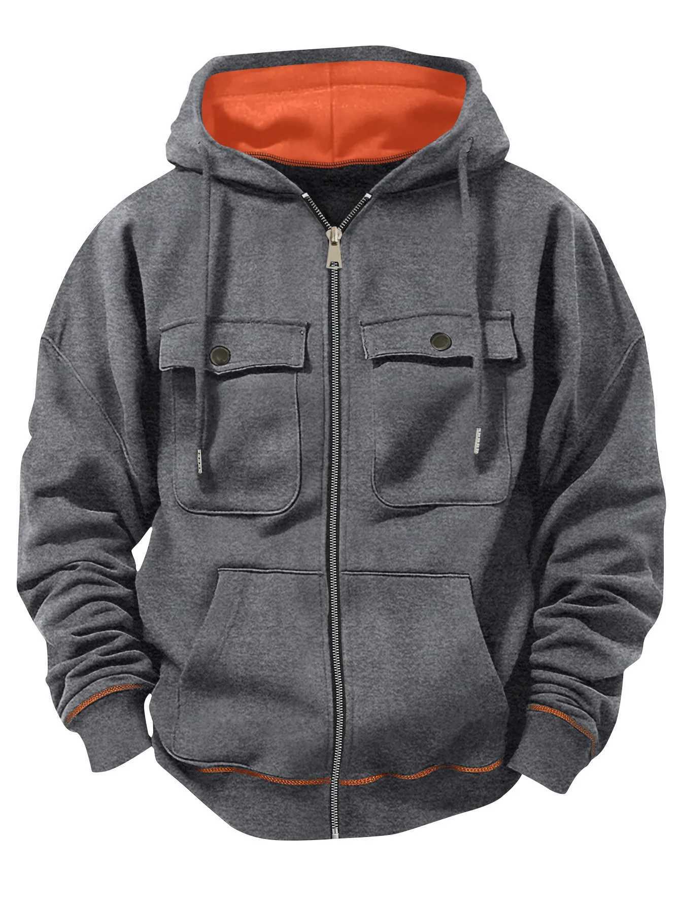 2026 New model retro workwear hooded sweatshirt men's zipper solid-color warm sports shirt with multiple pockets hooded jacket S2609177RMG
