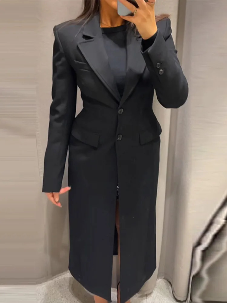 Elegant Long Blazer Coat Women Single Breasted Black Loose Long Sleeve Shoulder Pads Thicken Suit Jacket Female Spring Tops 260917