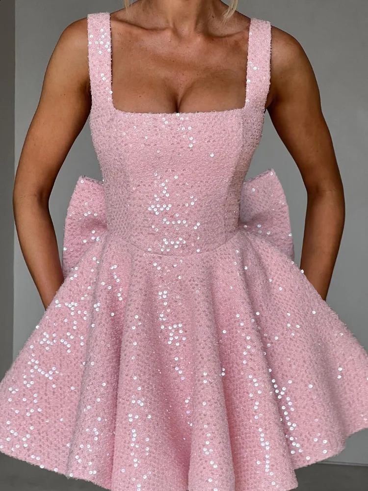 Women Solid Sequined Bow Mini Dress Chic Waist Cinching Square Neck Sleeveless Backless Dresses Summer Lady Party Robes 260917