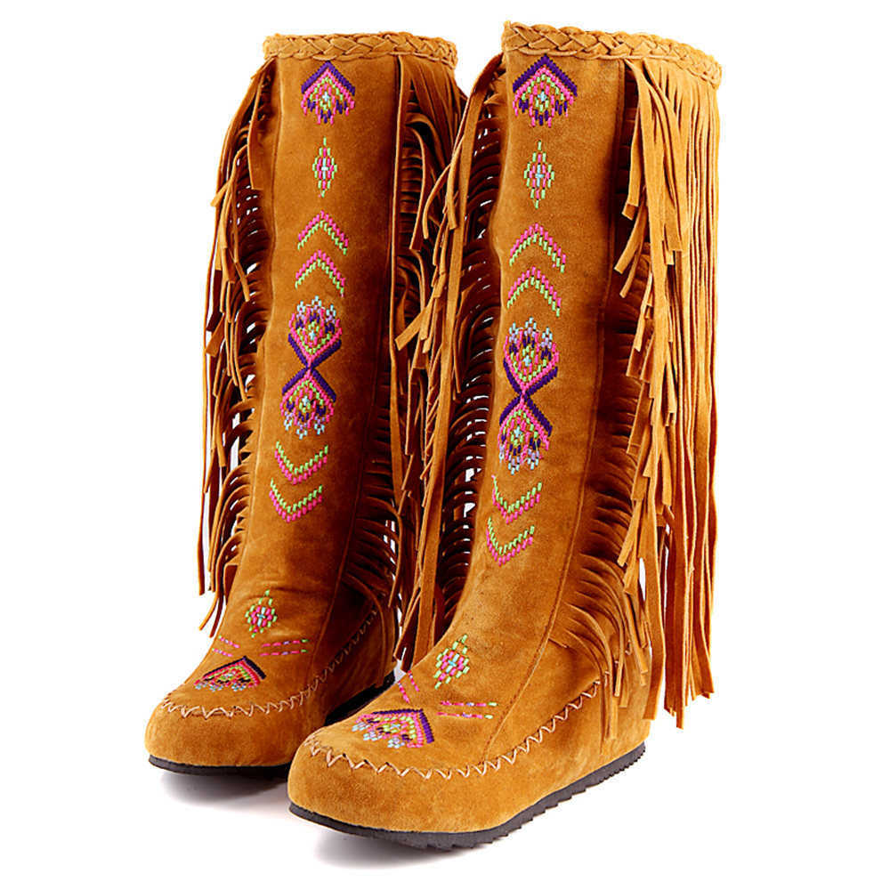 48 Winter Plus Tassels Size Knee High Boots Women Vintage Embroidered 3cm Inner Heels Comfy Walking Ethnic style Shoes D260917