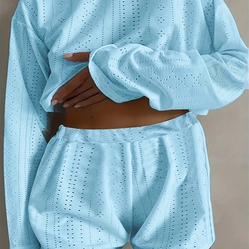 Plus Size Eyelet Casual Shorts Set Crew Neck Long Sleeve Top Outfits Clothing y260613banjia