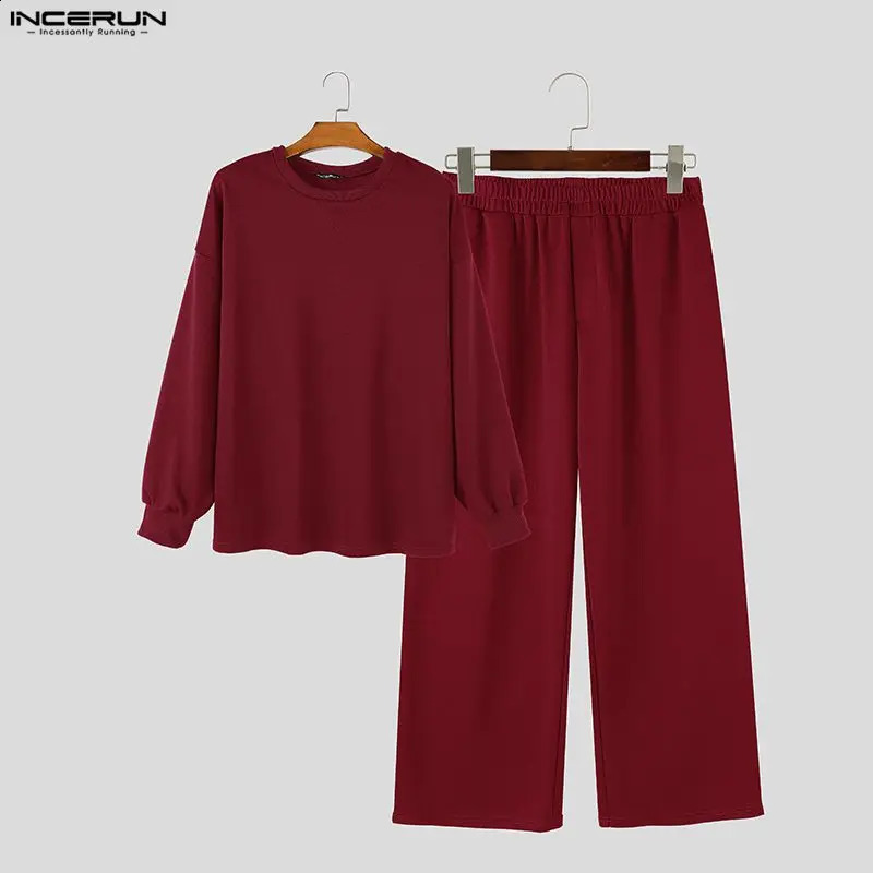 INCERUN Mens Sets Solid Streetwear Oversize Long Sleeve Sweatshirts Pants Two Piece Casual Men Matching Tracksuits 260914